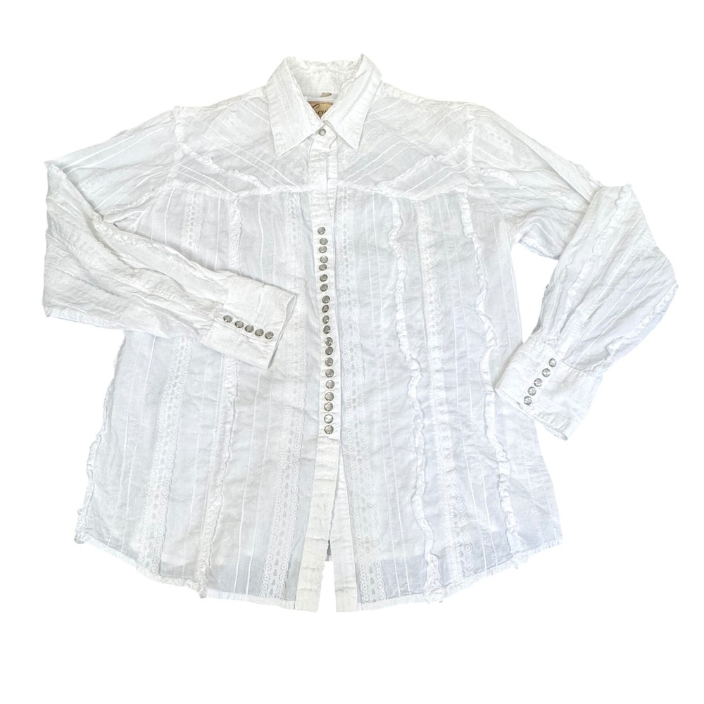 Scully Western Cowgirl Shirt Sz L Lace‎ Ruffle Pearl Snap Romantic Cottage White